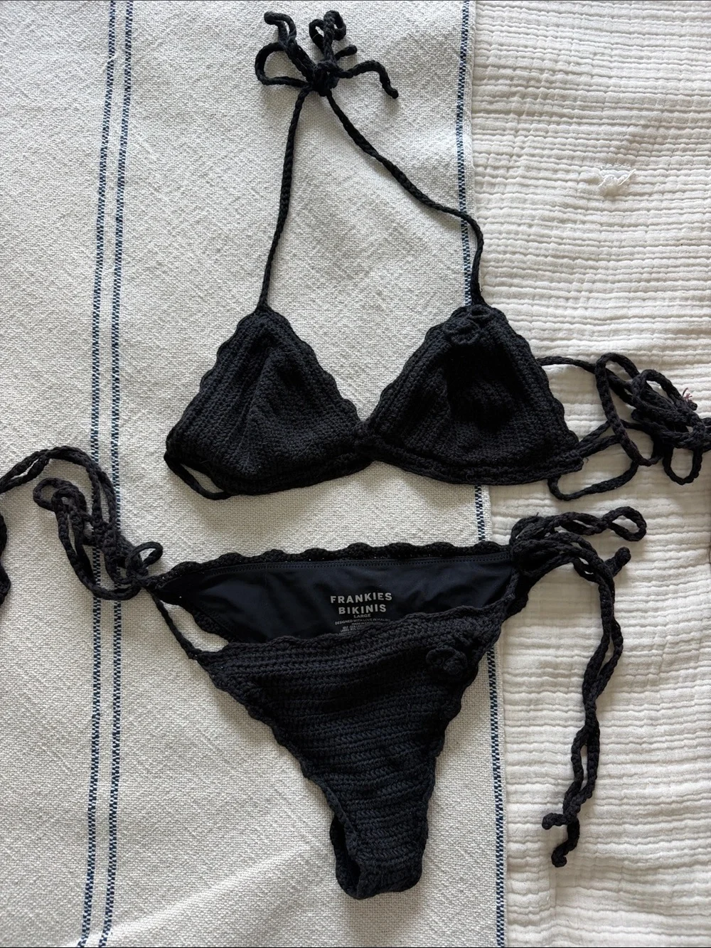 Frankie's Bikinis Makenzie Black Crochet Tie-Side Triangle Bikini Set